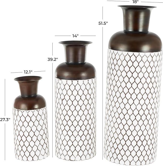 Deco 79 Metal Decorative Vase Tall Trellis Floor Centerpiece Vases with Brown Trumpet Tops, Set of 3 Flower Vases for Home Decoration 52", 39", 27" H, White