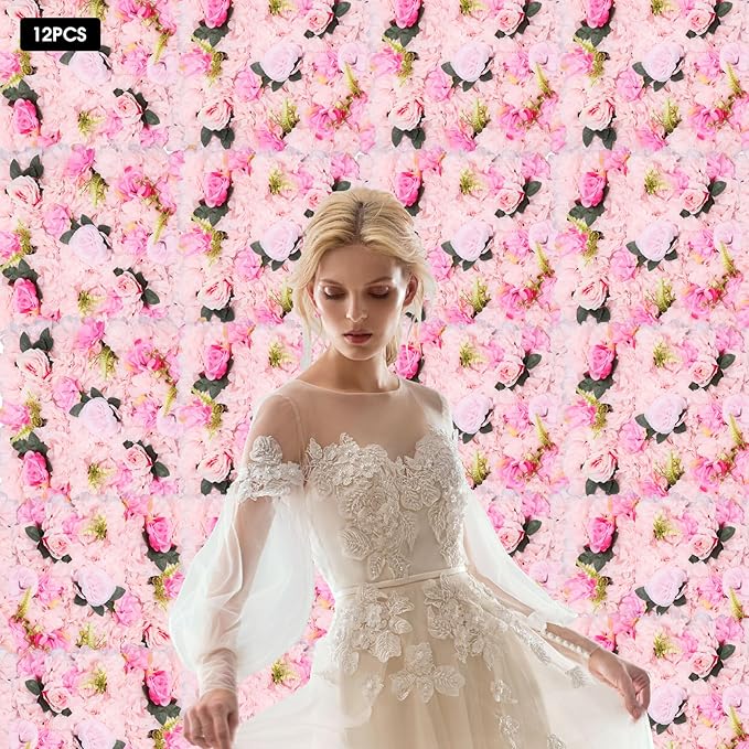 Flower Wall Panel Set,Artificial Wall Flower Backdrop,12 Pcs 23.62 * 15.74in3D Silk Hydrangea Rose Floral Panel,Faux Roses Artificial Flower Backdrop for Wall Decor (12PCS Light Pink)