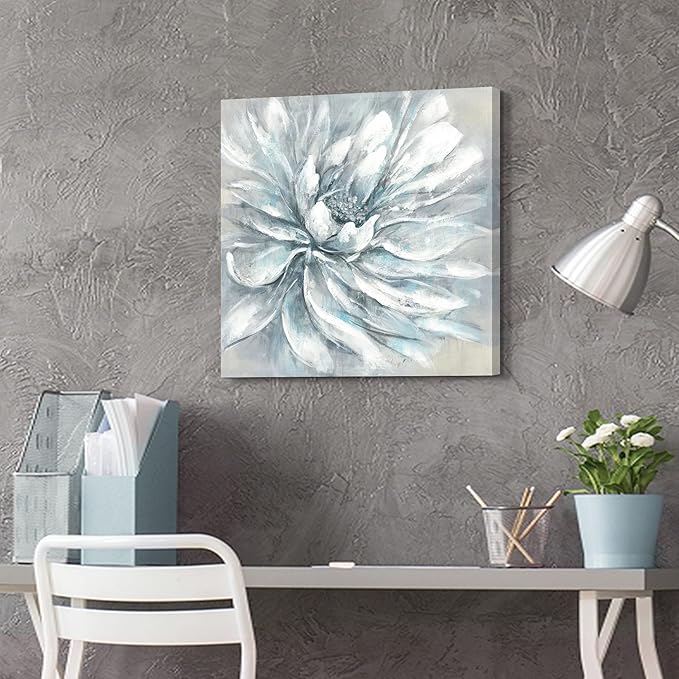 summer melody Abstract Flower Canvas Wall Art: Elegant White Modern Floral Painting Contemporary Blue Silver Peony Picture Gray Nature Botanical Prints Gallery Artwork for Bedroom