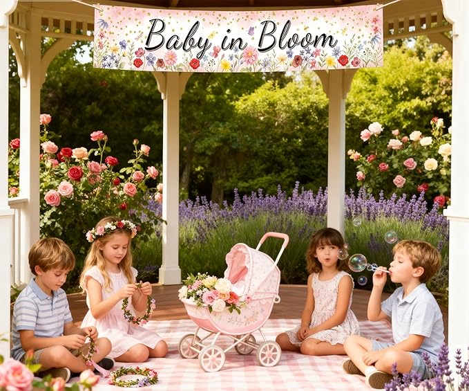 Pink Coral Baby in Bloom Baby Shower Banner, Floral Watercolor Floral Design, Party Decoration, 180x33 cm