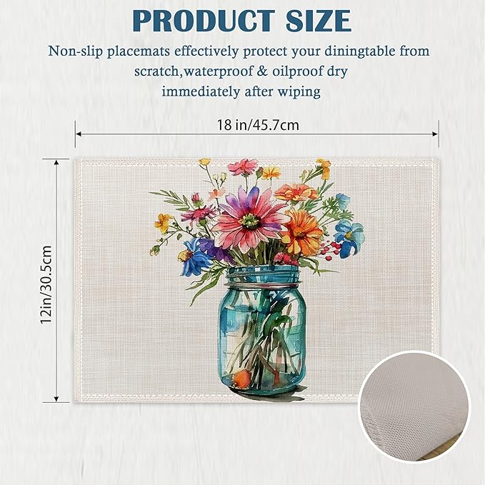 Retro Spring Flower Placemats Set of 4, Linen Place Mats Heat Resistant Non-Slip Washable Table Mats for Dining Kitchen Party Decor 12"x18"