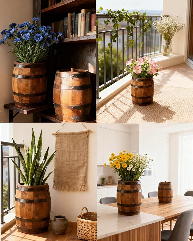 Wood Wine Barrel Vase 6" x 5" – Mini Barrel Rustic Wooden Flower Vase Planter for Wedding Reception, Party Table Decoration,Home Indoor Outdoor Garden, Kitchen,Planting (1)