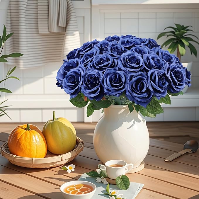 Artificial Rose Flower Navy Blue Flowers Navy Blue Roses Silk Flowers 50 pcs with Long Stem Silk Roses Bouquet for Wedding Bridal Shower Party Home Decoration