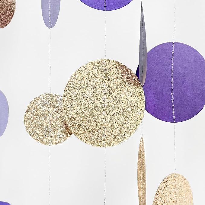 Champagne Gold Purple Cream Nude Polka Dots Garland Lavender Hanging Paper Circle Dot Streamer for Birthday Wedding Engagement Baby Shower Bridal Shower Lilac Violet Theme Party Decorations Supplies