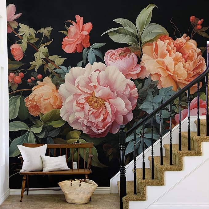 Zeeko Large Floral Peel and Stick Wall Murals 148" W x 98" H Vintage 3D Dark Peony Flowers Wallpaper Self Adhesive Nature Botanical Leaf Wall Stickers for Bedroom TV Background Living Room Decor
