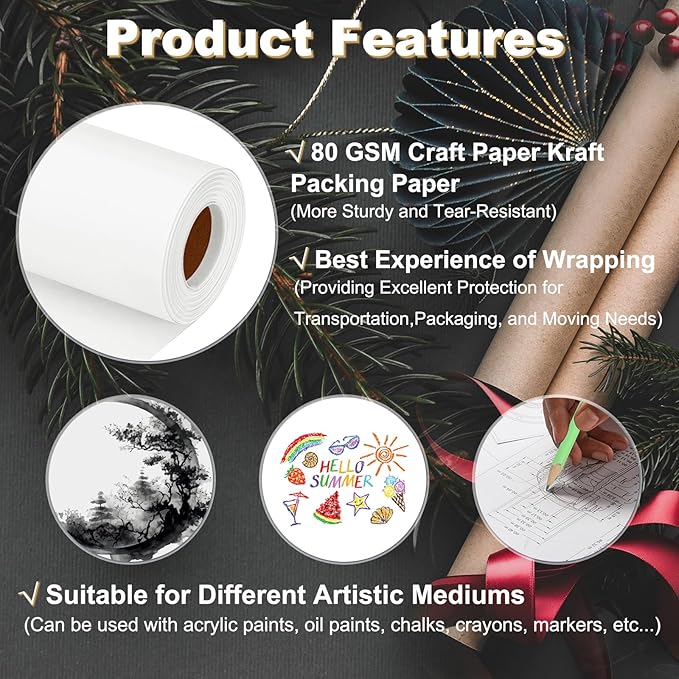 PATIKIL Wrapping Paper, 15"x1200"(100') Bulletin Board Paper Roll Kraft Paper Roll Construction 80GSM for Shipping Packing Gift Wrapping Craft Flower Bouquet Christmas, White
