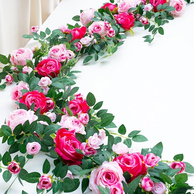 6FT Bendable Flower Garland, Artificial Rose Vine Hanging Floral Garland Decoration for Weding Home Room Wall Decor (Pink, 2pcs)