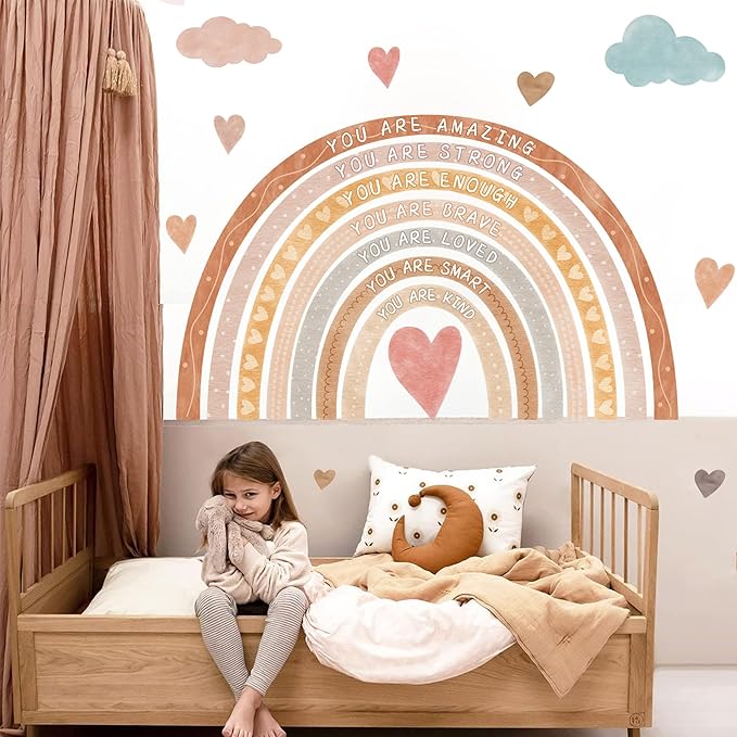 Large Rainbow Wall Decal Boho Kids Bedroom Wall Decals Peel and Stick Rainbow Wall Sticker Watercolor Inspirational Walls Decor Stickers Self-Affirmation Decal Vinyl Wallpaper for Nursery Playroom
