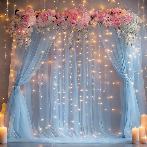 10x10ft Baby Blue Tulle Backdrop Curtain with Lights String for Parites, Sheer Backdrop Curtains for Wedding Baby Shower Birthday Party Photo Shoot Decorations