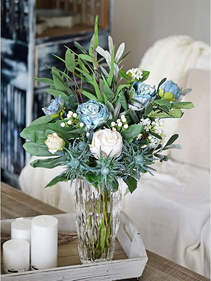 FiveSeasonStuff Vintage Dusty Blue Peonies – Realistic Artificial Silk Flowers with Dry-Look Petals, 6 Stems for Rustic Home & Wedding Bridesmaids Bouquet Bridal Showers