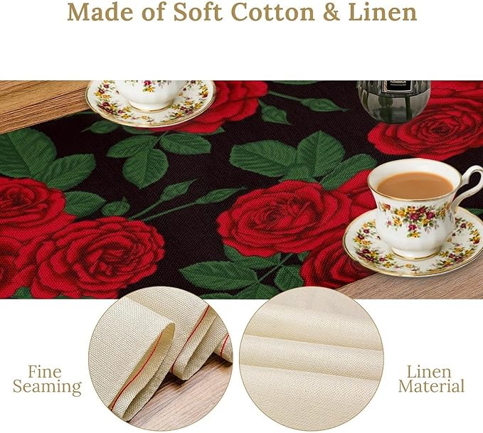 Red Rose Print Table Runner, Romantic Valentines Rose Summer Seasonal Dinner Runner Table Decoration for Home Kitchen Dining Holiday Wedding Party 13x36in