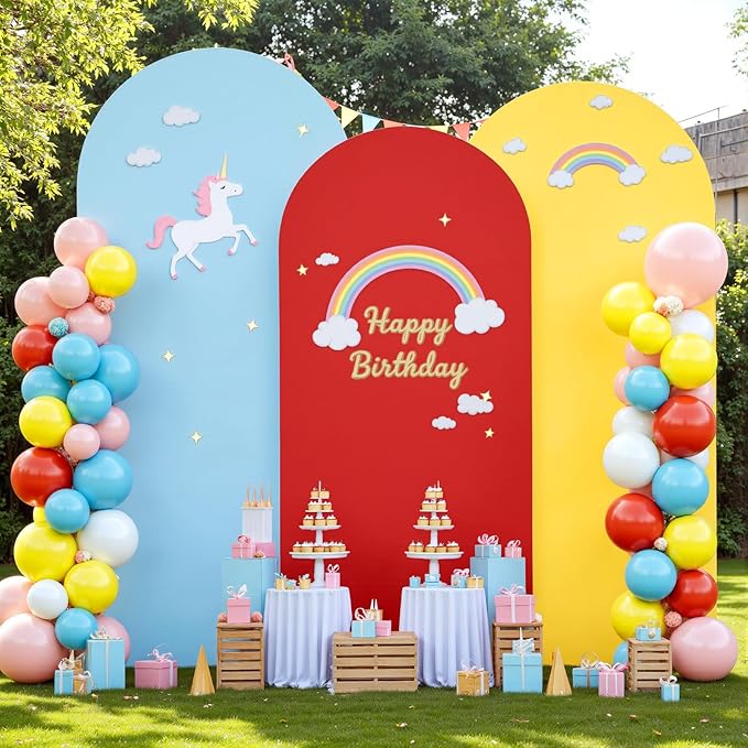 Rainbow Arch Backdrop Cover 8FT 7.2FT 6.6FT Stretchy Wedding Arch Covers Set of 3 Spandex Fitted Blue Yellow Red Fabric Backdrop Cover for Party Baby Shower Birthday Decoration