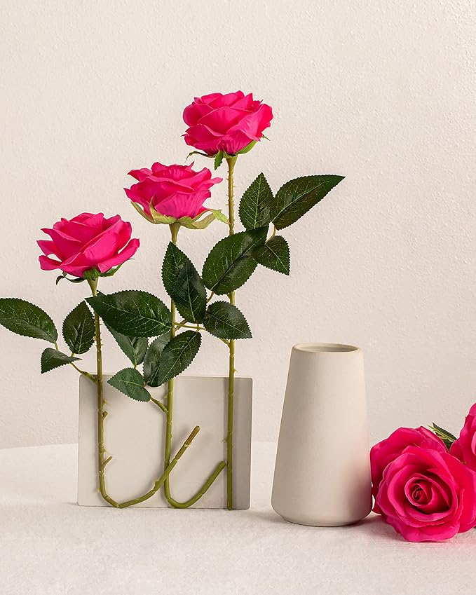DuHouse 10pcs Silk Roses Artificial Flowers Fake Rose for Arrangement Wedding Party Home Decoration(Fuchsia)