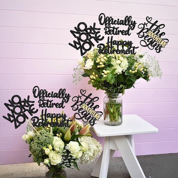 Ephlyn 16Pcs Happy Retirement Centerpiece Sticks Officially Retired Table Flower Centerpieces Sticks No Work Zone Floral Decorations for Farewell Birthday Party Centerpieces Supplies Black