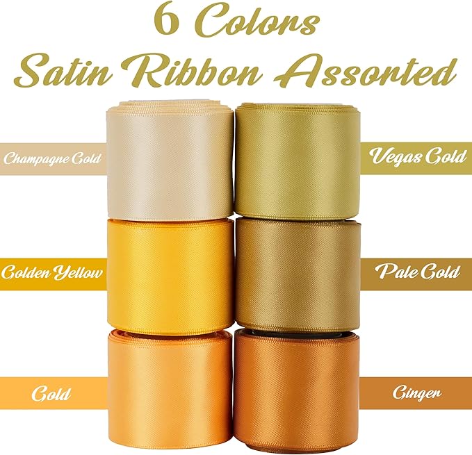 HUIHUANG Gold Ribbon for Gift Wrapping 1-1/2 inch Double-Faced Gold Satin Silk Ribbon Assortment for Flower Bouquet, Crafts, Bows Making, Christmas Holiday Decor- 6 Rolls x 5 Yards/Roll
