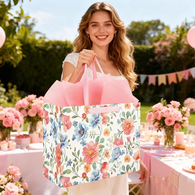 ASYEHNR 13" Large Size Floral Gift Bag Floral Pink Blue Sage Green Flower Pattern Gift Bag with Greeting Card Tissue Paper for Women Girls Birthday Baby Shower Wedding Mother's Day Spring Supplies