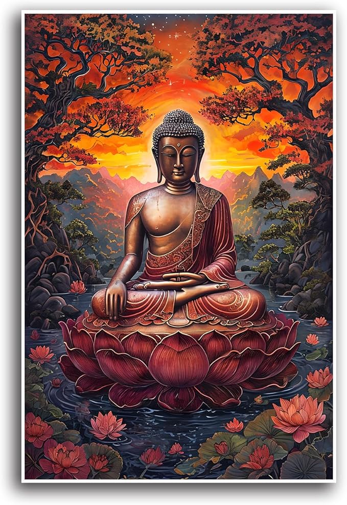 Golden Buddha on lotus seat serene meditation statue amidst lush trees flowing water and sunrise light spiritual home art for a tranquil decor 20x30in Frameless