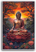 Golden Buddha on lotus seat serene meditation statue amidst lush trees flowing water and sunrise light spiritual home art for a tranquil decor 32x48in Frameless