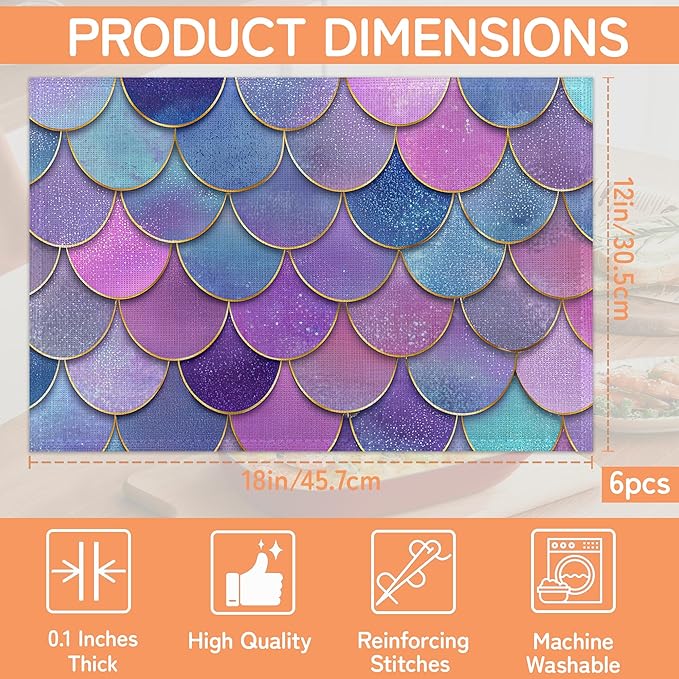 Glitter Fish Scales Placemat Set of 6,Mermaids Heat Resistant Linen Table Mats for Indoor Outdoor Home Kitchen Dining Room Table 12x18Inch
