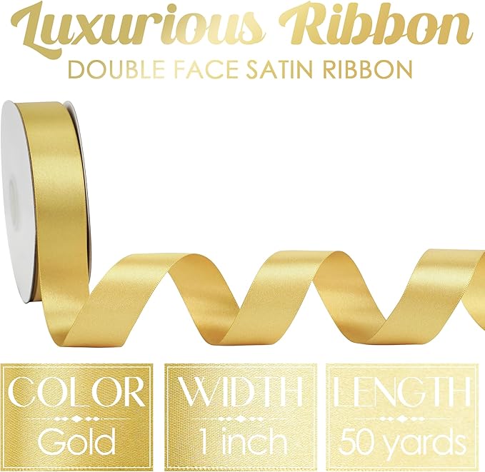 MEEDEE Gold Ribbon 1 Inch Gold Satin Ribbon Lux Double Faced Satin Ribbons by 50 Yards Polyester Wrapping Ribbons for Crafts, Wedding, Flower Bouquet, Holiday Decorating