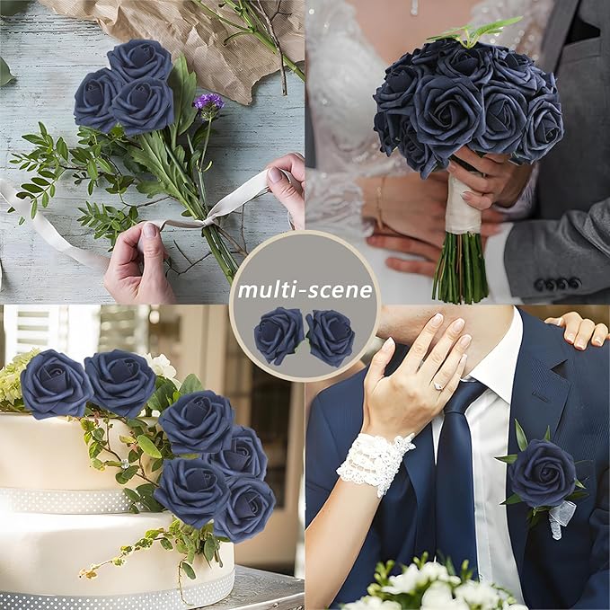 200PCS Navy Blue Artificial Flowers Roses Real Looking Foam Fake Roses with Leaves and for DIY Wedding Bouquets Bridal Shower Centerpieces Party Decorations (Navy Blue, 200)