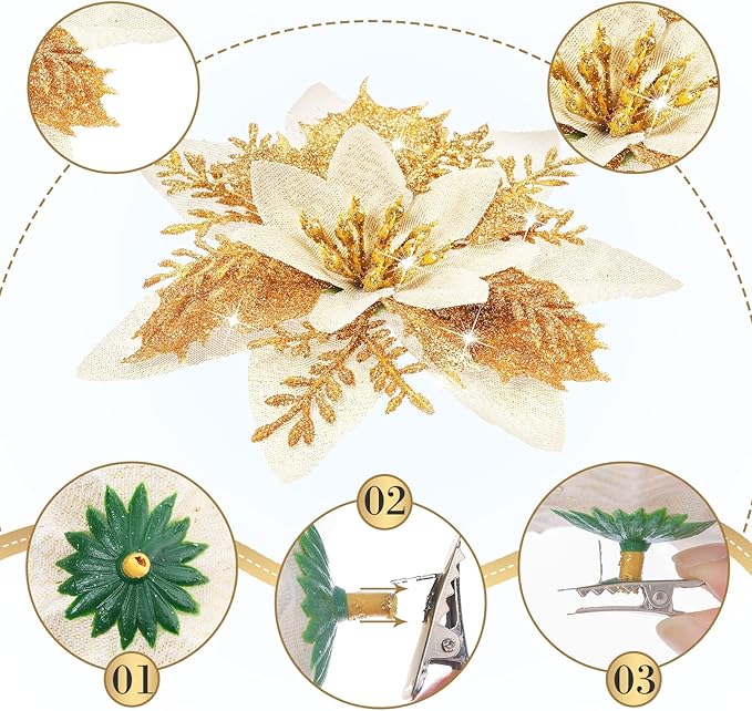 Geosar 36 Pcs Christmas Glitter Artificial Poinsettia Flowers Xmas Poinsettia Artificial Wedding Flowers Decorations Xmas Tree Ornaments with Clips for Party, 6 Inch, 4 Inch, 3 Inch(Gold)