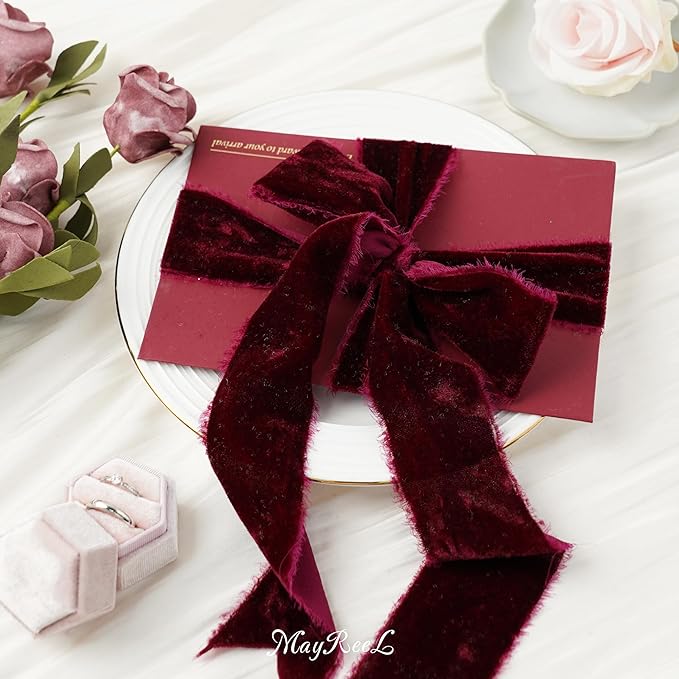 MAYREEL Burgundy Velvet Ribbon 2 Inch Hand Torn Maroon Frayed Edge Silk Ribbon for Bridal Bouquets Invitations Wedding Vow Books Gift Baskets Hair Bows 3 Yards