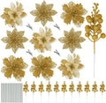 RECUTMS 66 Pcs 3 Styles Christmas Glitter Poinsettia Flowers Artificial Berry Picks Christmas Tree Ornaments Artificial Christmas Flowers with Clips for Xmas Wedding Wreath Floral Decorations (Gold)