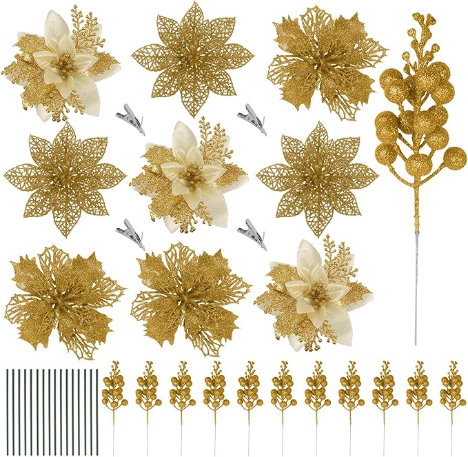 RECUTMS 66 Pcs 3 Styles Christmas Glitter Poinsettia Flowers Artificial Berry Picks Christmas Tree Ornaments Artificial Christmas Flowers with Clips for Xmas Wedding Wreath Floral Decorations (Gold)