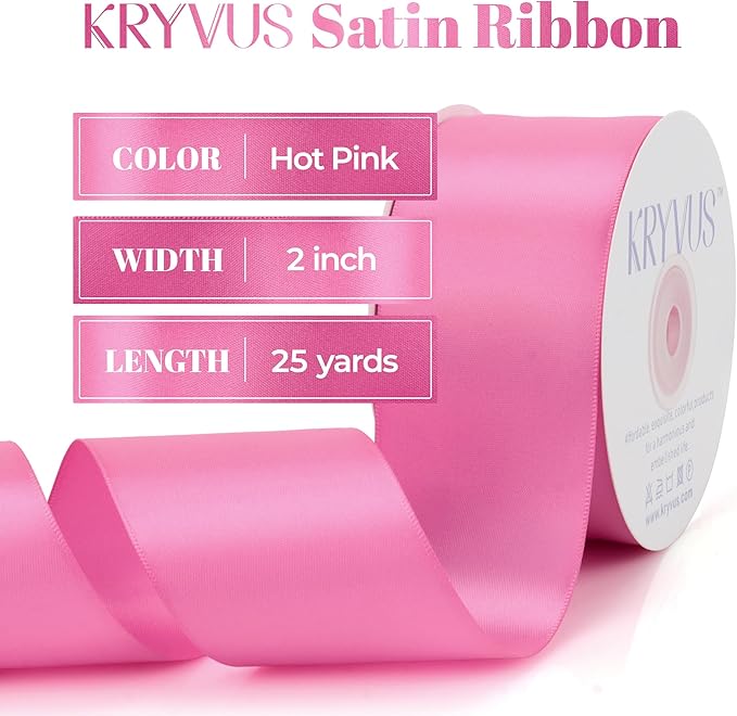Hot Pink Satin Ribbon, Double Faced 2 Inch X 25 Yards Hot Pink Ribbon, Premium Satin Ribbon for Gift Wrapping, Crafts, Hair Bow Making, Sewing, Flower Bouquet, Wedding Party Decor