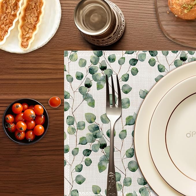 Eucalyptus Green Sage Placemats Set of 6,Washable Heat Resistant 12×18 Inch Linen Table Mats Spring Leaves Place Mats for Party Outdoor Dining Décor