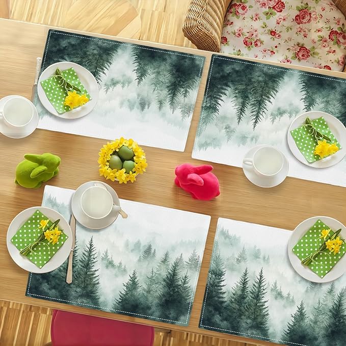 Misty Forest Placemats Set of 6, Green Tree Landscape Place Mats, Rustic Mountain Dining Table Mats, Washable Placemats for Kitchen Dining Room 18L'' × 12W''