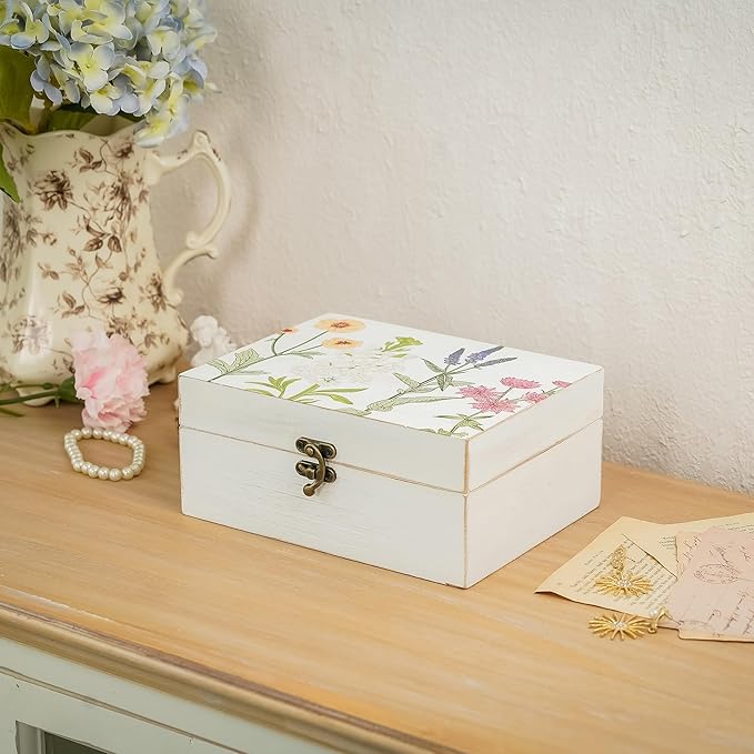 Small Decorative Box with Hinged Lid Wooden Handmade Keepsake Storage Box Floral Printed Jewelry Box Rustic Trinket Box - 7.9 x 6.5 x 3.4 Inches