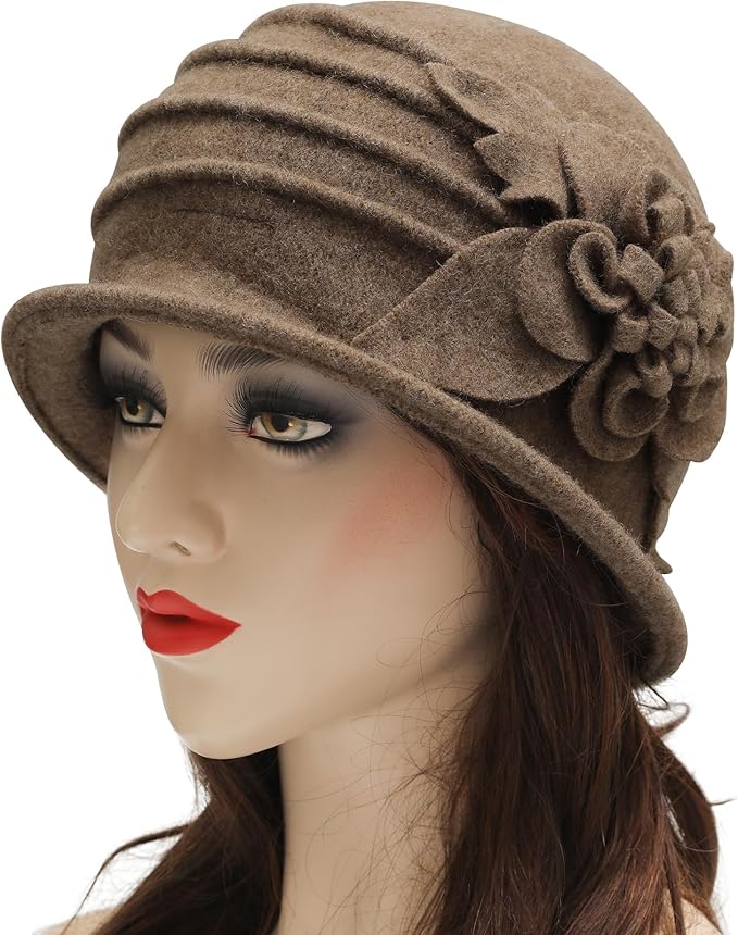 ZLYC Women Wool Cloche Bucket Hat 1920s Vintage Dress Winter Hats with Flower Accent
