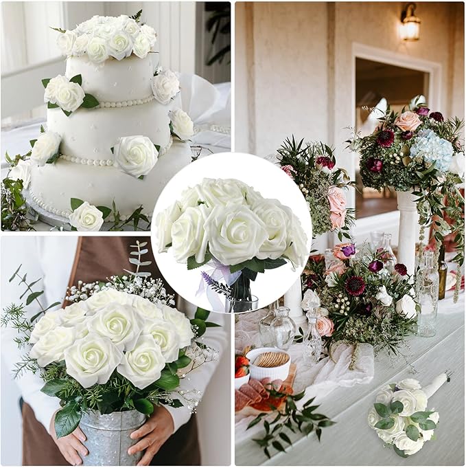 100 Pieces Artificial Foam Rose Flowers Faux Bouquet with Leaves and Stems for DIY Wedding Bouquets Centerpieces Bridal Shower Party Valentine Home Decorations(Ivory)