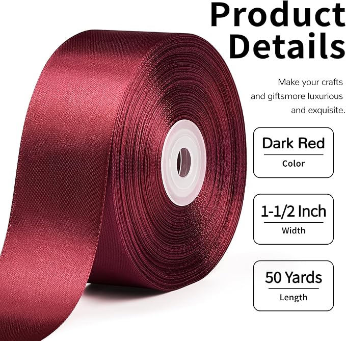 1-1/2 Inch Wide Dark Red Satin Ribbon, 50 Yards Solid Polyester Fabric Ribbon for Roses Making, Gift Wrapping, Christmas, Wedding Decorations, Crafts, Bows, Flower Bouquets