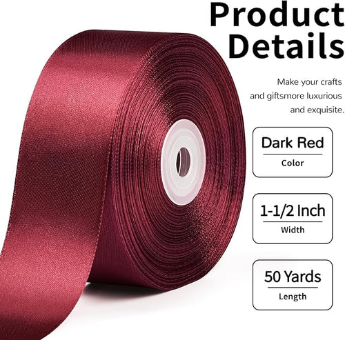 1-1/2 Inch Wide Dark Red Satin Ribbon, 50 Yards Solid Polyester Fabric Ribbon for Roses Making, Gift Wrapping, Christmas, Wedding Decorations, Crafts, Bows, Flower Bouquets