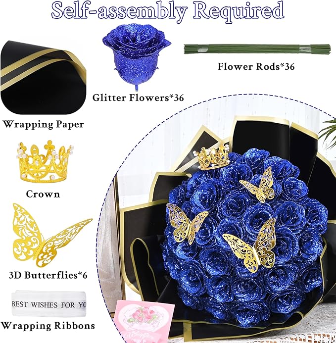 Waipfaru Glitter Roses Bouquet, DIY Fake Flowers Bouquet, Birthday Gifts for Women Mom, 36 Pcs Blue Rose for Grandma Wife Girlfriend Valentines, Mothers Day, Anniversary, Graduation