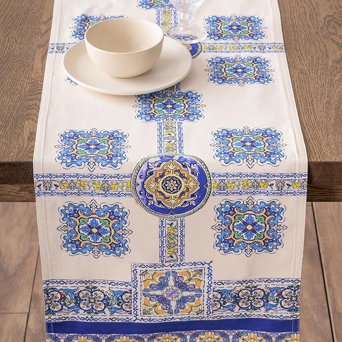 Maison d' Hermine Tablerunners 100% Combed Cotton Premium Table Runner Decorative Table Cover, Home, Kitchen, Dining, Sciacca, Double Layer - (14.5"x108")