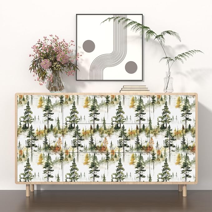 Autumn Forest Wallpaper Peel and Stick, Green/Yellow Pine Trees Contact Paper,Woodland Landscape Wall Mural Self Adhesive Waterproof Removable for Bathroom Shelves Cabinet Drawer Table 17.5" x 118"