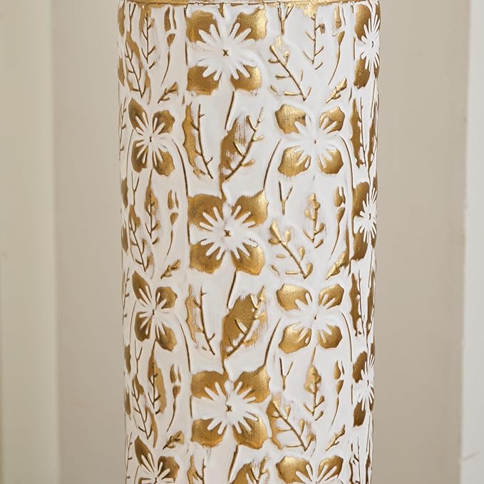 Gilded White 3D Relief Flower Metal Vase Set of 3, Elegant Tall Cylinder Vases for Home Decoration, Modern Gold & White Decorative Floor Vases for Living Room or Entryway