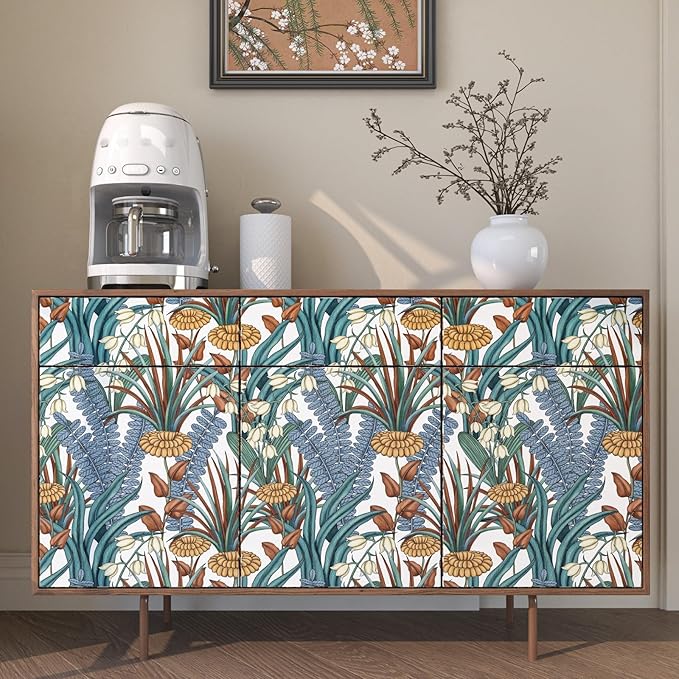 Boho Floral Peel and Stick Wallpaper, Vintage Botanical Contact Paper, Self Adhesive Wall Mural 17.5" x 118" Tropical Wall Paper Waterproof Removable for Bedroom Walls Cabinet (White, Orange, Blue)