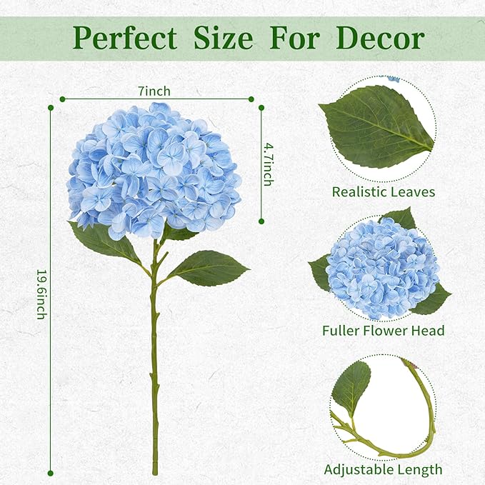 8 Pcs Blue Hydrangea Artificial Flowers, Latex Real Touch Hydrangea Flowers, 19.6'' Full Faux Hydrangea Flowers Fake Flowers for Home Decor Party Wedding Centerpiece Bouquet Floral Arrangements