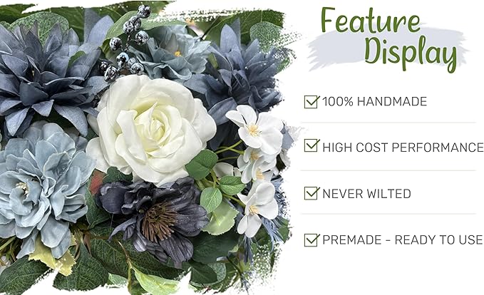Wedding Arch Flowers with Drapes Kit (Pack of 5) - 2pcs Artificial Dusty Blue & Cream Deluxe Swag with 3pcs Hanging Drapes for Wedding Ceremony Arbor Reception Backdrop Rose Floral Decorations