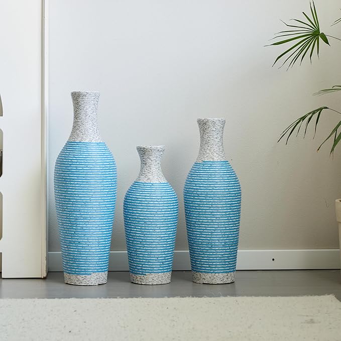 Floor PVC Decorated Vases Set of 3 for Gorgeous Home Decoration Large Classic Neat PVC Vases 20.4in/24.4in/28.3in Height (White+Blue)
