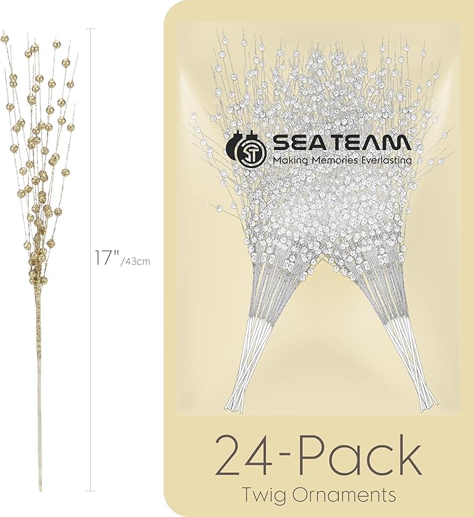 Sea Team 24-Pack Artificial Glitter Berry Stem Ornaments, Decorative Bead Sticks, Glittery Twigs, Picks, Branches for Christmas Tree, Small Vase, Holiday, Wedding, Party (17 Inches, Gold)