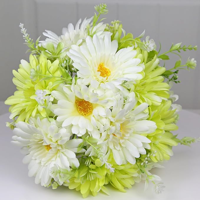 Artificial Daisy Flowers Vases for Table Centerpiece Decor, Lifelike Fake Silk Spring Flowers, Perfectly Mimics Real Daisy and Spring Blooms (Green & White with Glass Vase)