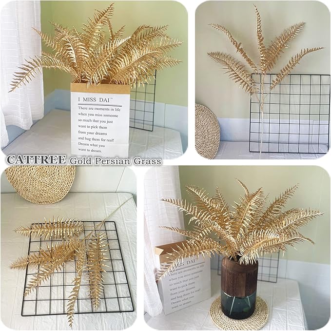 CATTREE Artificial Plants Gold Persian Grass Tall 29" 2 Pack, Fake Golden Palm Leaves Plastic Fern Boston Bushes Faux Shrubs Simulated Tropical Leaf for Party Decorations Wedding DIY Christmas Décor