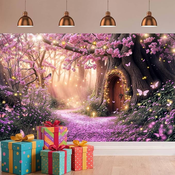 10X8ft Enchanted Forest Backdrop Fairy Tale Purple Garden Wonderland Tree House Floral Background for Kids Girl Baby Shower Birthday Party Decoration Banner Cake Table Photo Booth Props