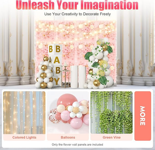 12Pcs Artificial Flower Wall Panel 3D Floral Backdrop Wall 15" X 15" Flower Walls Decor Flower Backdrop Faux Flowers Panel for Wedding Party Home Decoration, Pink/Champagne